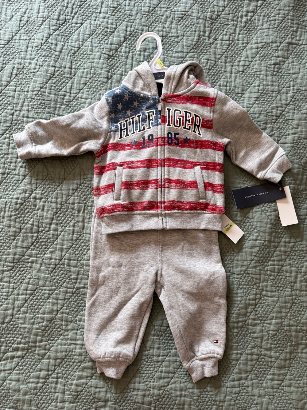 Tommy Hilfiger Gray Hoodie & Jogger Set with Red and Navy Flag Detail